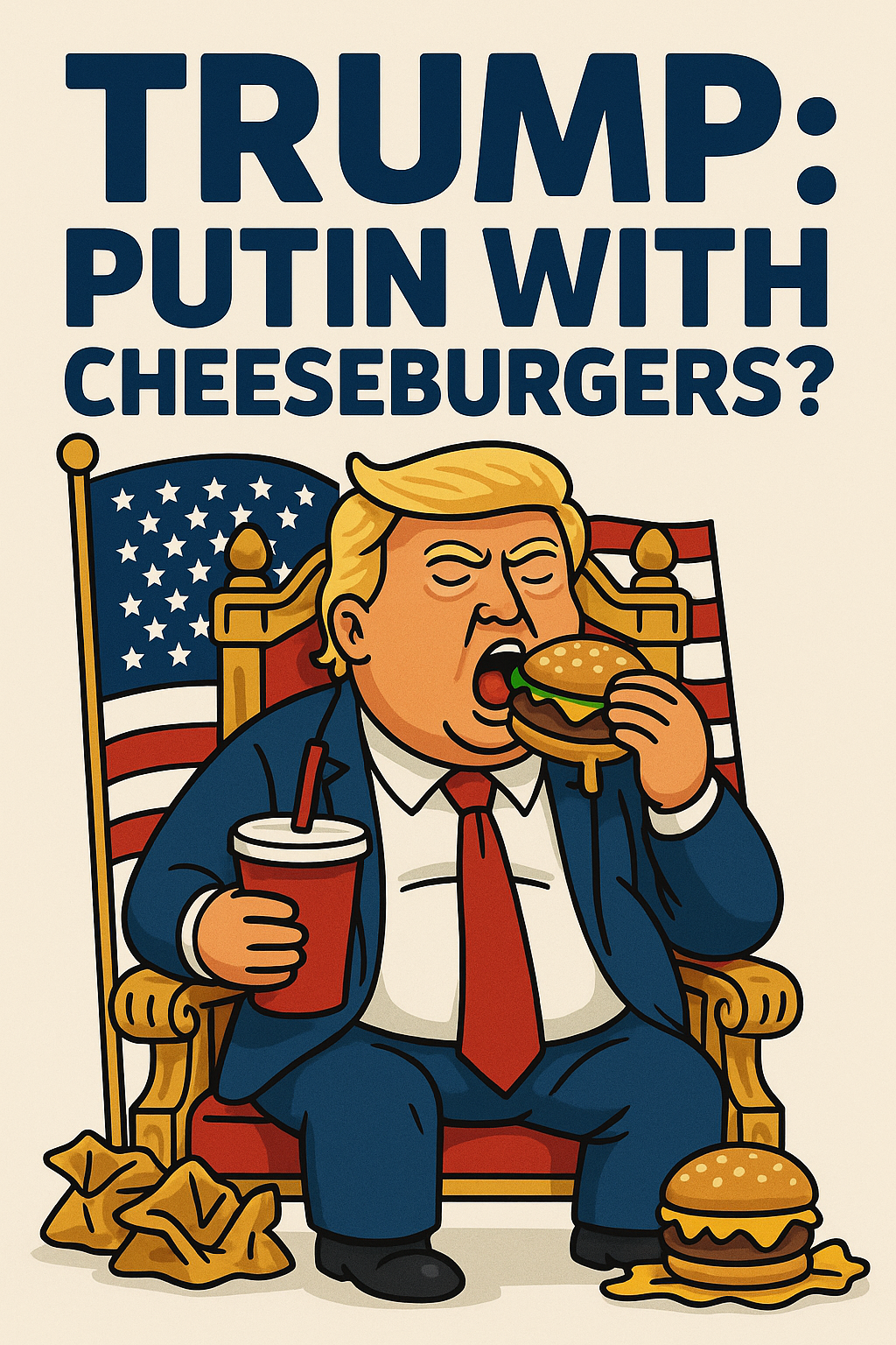 Trump eating cheeseburgers on a thrown in front of an american flag