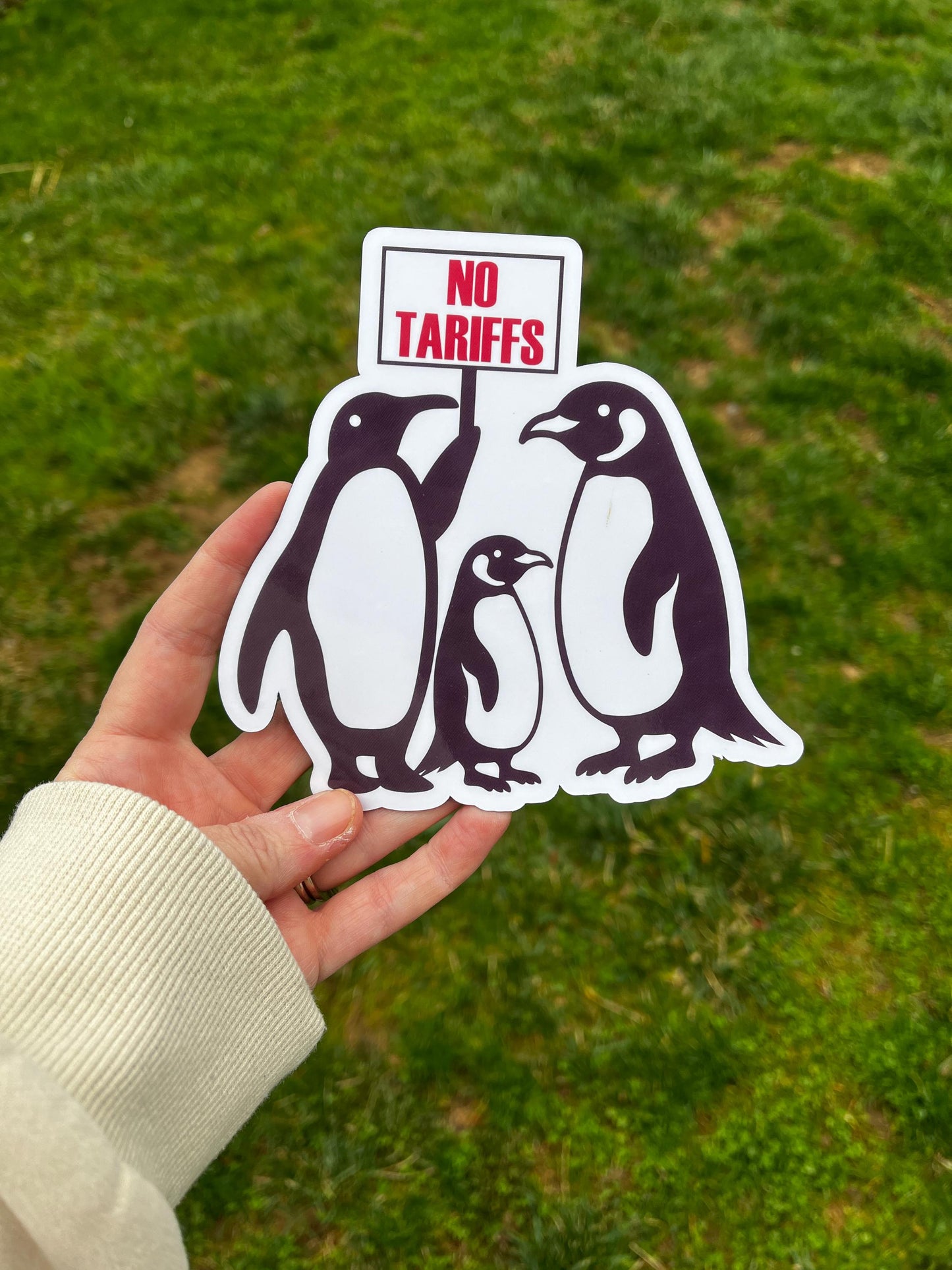 No Tariffs Penguins Holding Sign Anti-Trump Vinyl Decal or Magnet | Political Protest Sticker | Resistance Penguins | Anti-Trump Humor