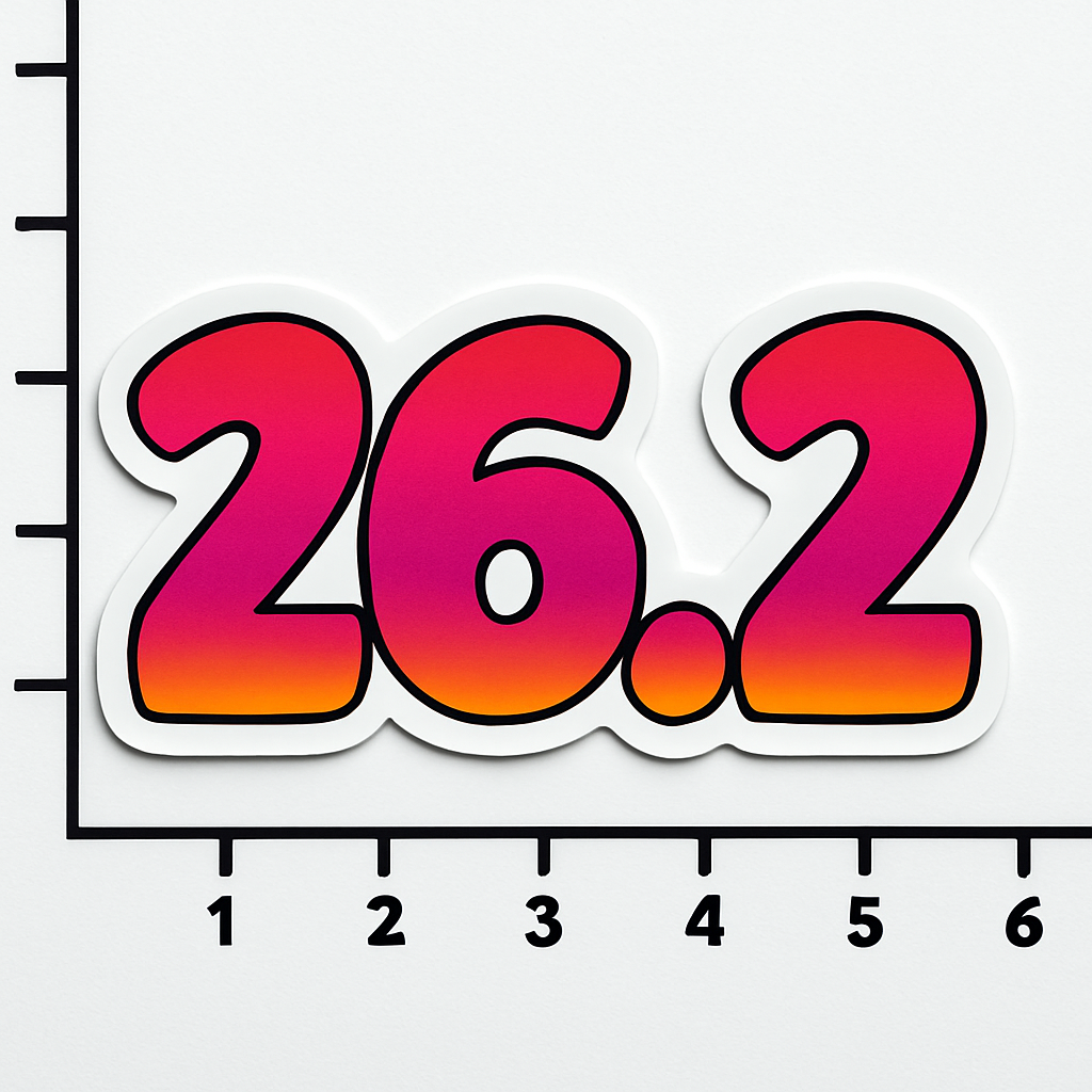 26.2 marathon sticker in pink and orange gradient placed on a white surface with a black measurement grid for scale.