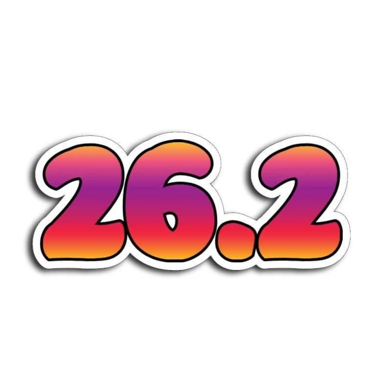 Bold “26.2” text with a pink and orange gradient, outlined in white, displayed on a white background with drop shadow.