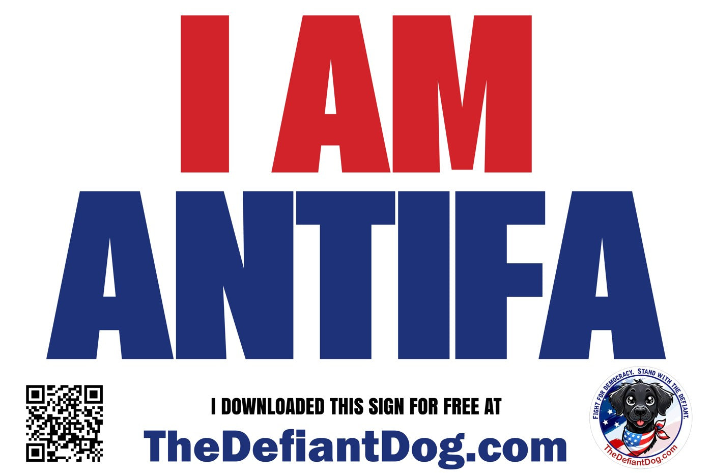 Proclamation 'I AM ANTIFA' with branding and QR code on a white background