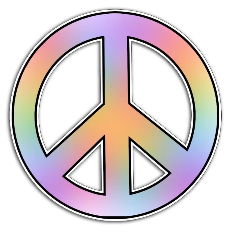 Pastel rainbow gradient peace sign with bold black outline, symbolizing anti-war, love, and unity.