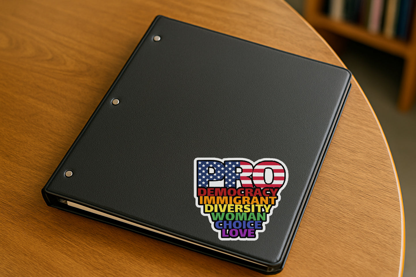 Pro Democacry pro immigrant pro diversity pro woman pro choice pro love magnet or vinyl decal displayed with a slight shadow on a white background. A bold, high-quality political sticker perfect for cars, laptops, fridges, or toolboxes. Great for activists, protestors, or anyone fed up with fascism.