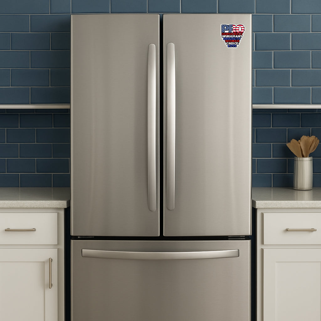 Pro Democacry pro immigrant pro diversity pro woman pro choice pro love magnet or vinyl decal displayed on a stainless steel refrigerator. A bold, high-quality political sticker perfect for cars, laptops, fridges, or toolboxes. Great for activists, protestors, or anyone fed up with fascism.