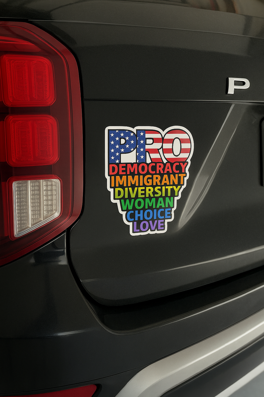 Rainbow “PRO” democracy magnet displayed on the back of a black SUV near the taillight.