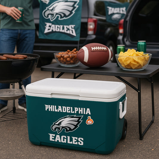 Sticker pack featuring 20 anti-Trump and Epstein-themed vinyl decals with bold political statements like “Release the Epstein Files” and “FELON. on a cooler at a tailgate party for the philadelphia eagles logo