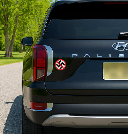 'Anti-Nazi' magnet or vinyl decal displayed on the back of a black SUV. A bold, high-quality political sticker perfect for cars, laptops, fridges, or toolboxes. Great for activists, protestors, or anyone fed up with fascism.