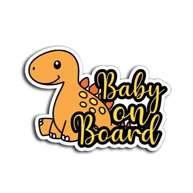 Cartoon orange dinosaur sitting next to yellow and black text reading “Baby on Board” with a subtle drop shadow on white background.