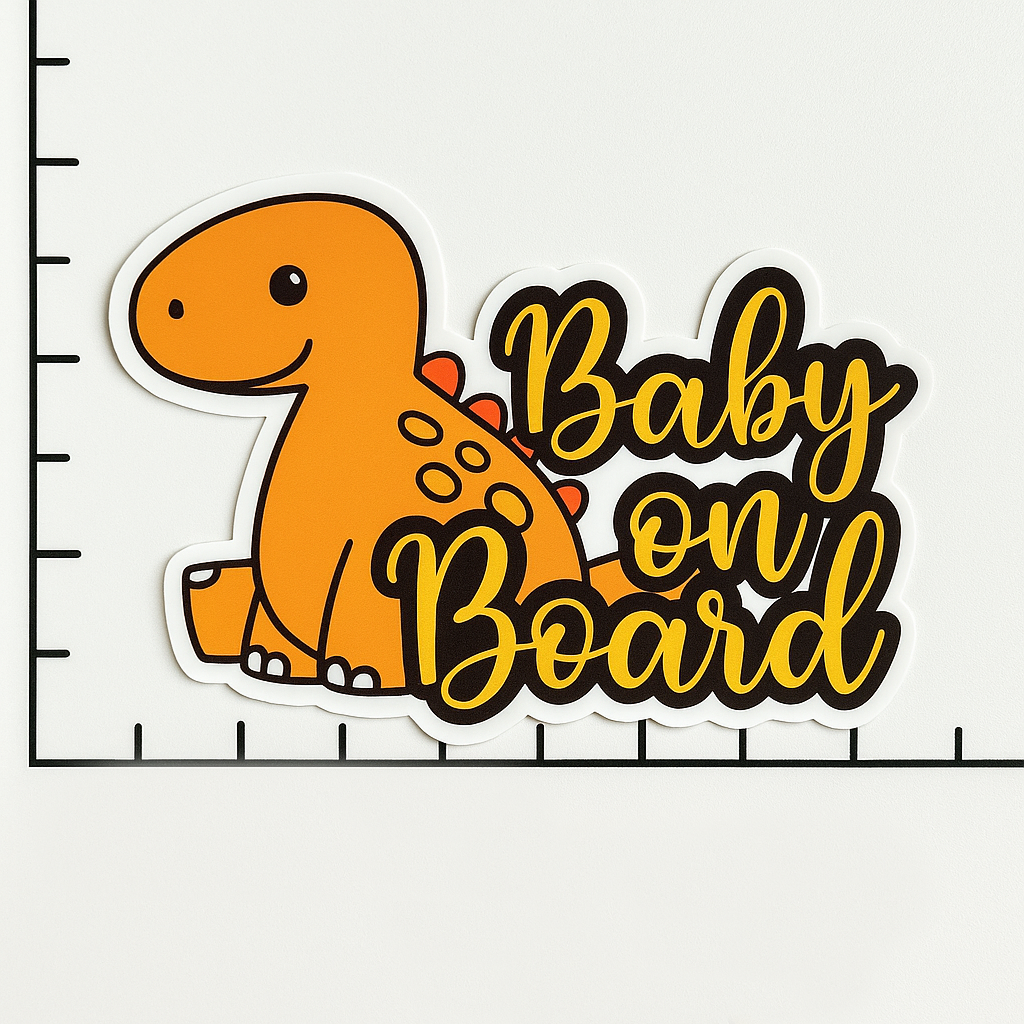 “Baby on Board” dinosaur decal placed on a white background with black measurement grid to show scale.