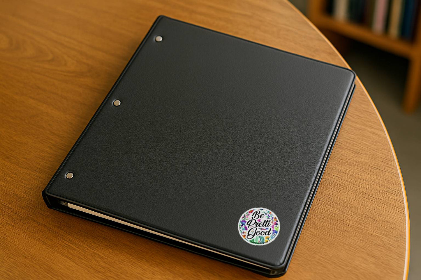 Black notebook with a colorful sticker on a wooden table