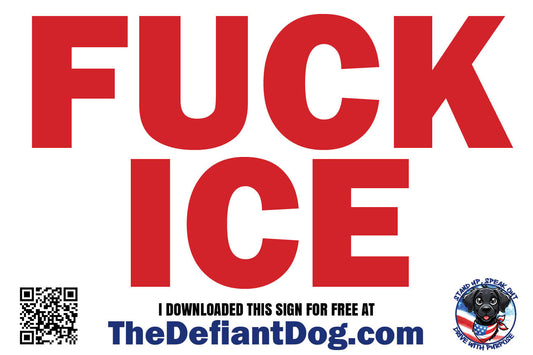 Red text 'FUCK ICE' with a QR code and website URL on a white background