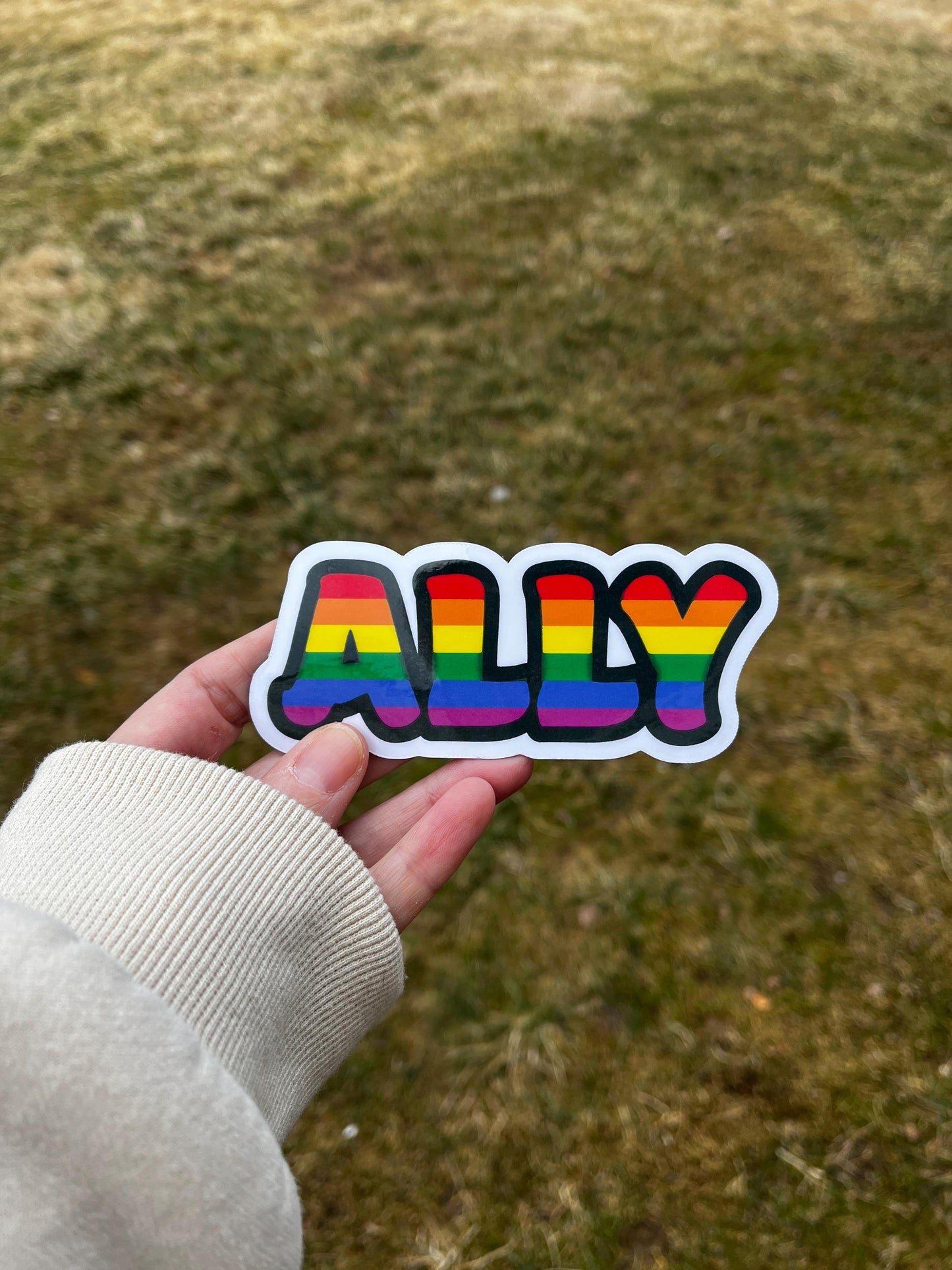 Gay Pride Ally magnet held in hand, representing solidarity with the LGBTQ+ community.