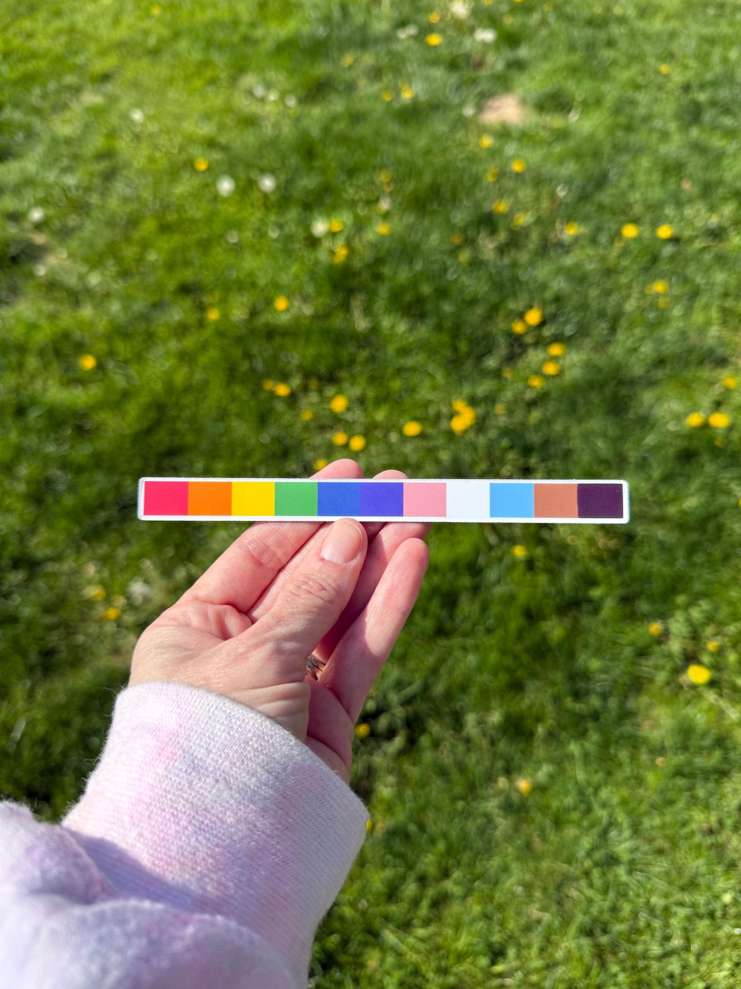 Inclusive rainbow bar magnet held by hand over green grass with yellow flowers in the background.
