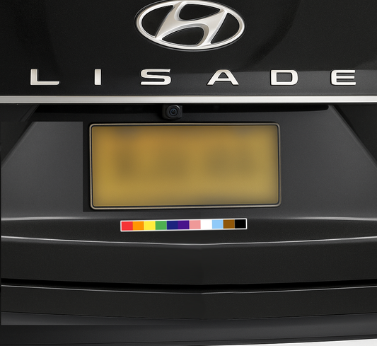 Inclusive rainbow bar magnet centered above the license plate on the back of a black Hyundai Palisade.