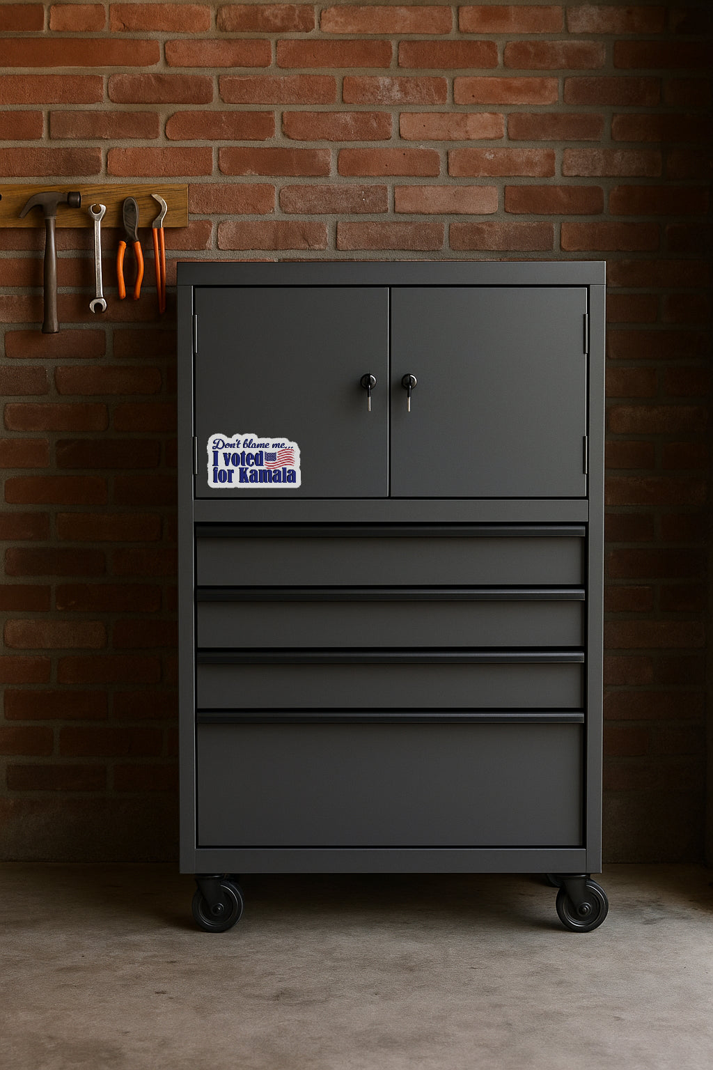 Don't Blame Me I Voted for Kamala' magnet or vinyl decal displayed on a black tool cabinet. A bold, high-quality political sticker perfect for cars, laptops, fridges, or toolboxes. Great for activists, protestors, or anyone fed up with fascism.