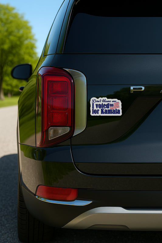 'Don't Blame Me I Voted for Kamala' magnet or vinyl decal displayed on the back of a black SUV. A bold, high-quality political sticker perfect for cars, laptops, fridges, or toolboxes. Great for activists, protestors, or anyone fed up with fascism.