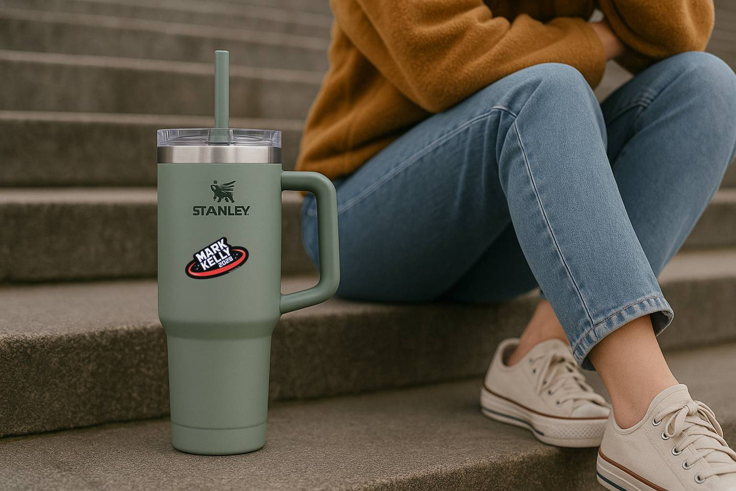 Person sitting on steps with a Stanley tumbler and 'Mark Kelly' sticker