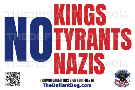 Free protest sign that says 'No Kings No Tyrants No Nazis' in bold patriotic colors
