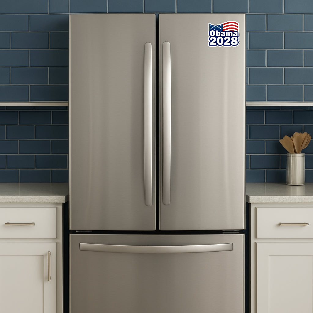 'Obama 2028' magnet or vinyl decal displayed on a stainless steel refrigerator. A bold, high-quality political sticker perfect for cars, laptops, fridges, or toolboxes. Great for activists, protestors, or anyone fed up with fascism.