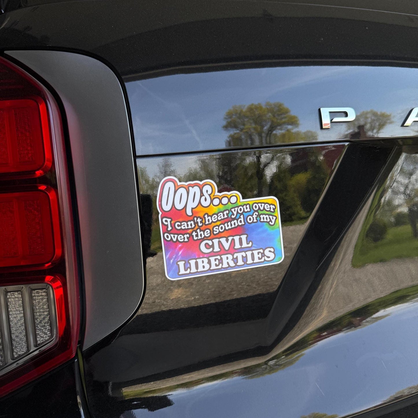 Oops I can't hear you over the sound of my civil liberties magnet displayed on the back of a car supporting freedom and rights.