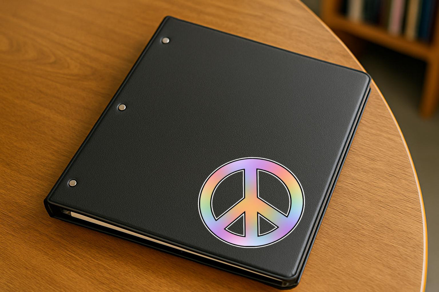 Pastel rainbow gradient peace sign with bold black outline, symbolizing anti-war, love, and unity.