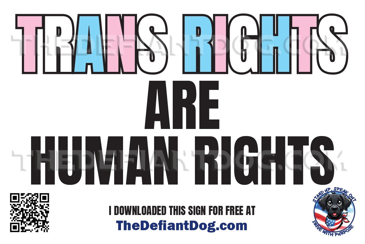 Sticker with 'Trans Rights are Human Rights' text and a QR code.