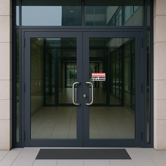 'Warning Security Cameras in Use' magnet or vinyl decal displayed with a slight shadow on office building door