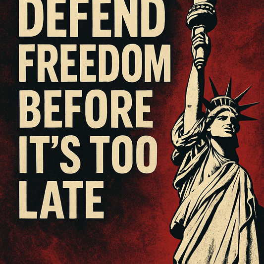 Poster with the Statue of Liberty and bold text reading "Defend Freedom Before It’s Too Late" on a red and black background.