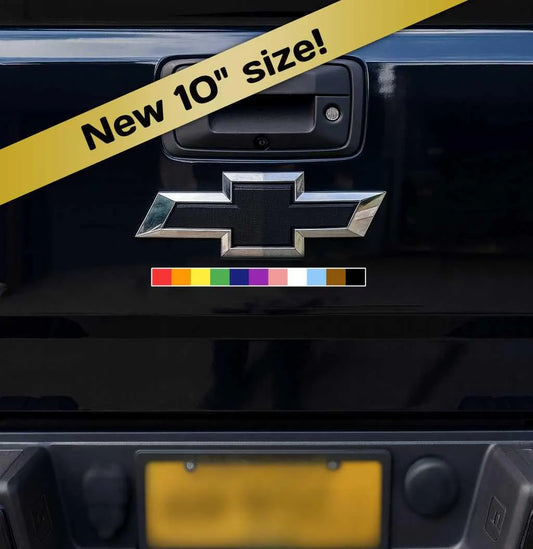 10 inch rainbow pride flag vinyl stripe decal on Chevrolet truck tailgate, minimalist LGBTQ bumper stripe sticker for cars and trucks