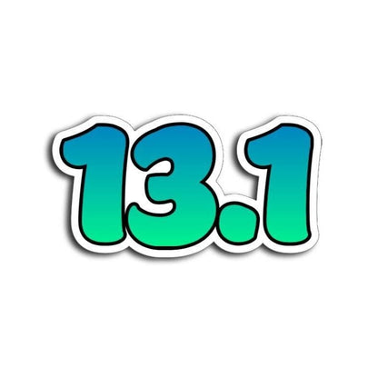 Bold “13.1” half marathon decal with a green to blue gradient and soft drop shadow on a white background.