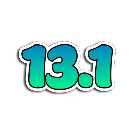 Bold “13.1” half marathon decal with a green to blue gradient and soft drop shadow on a white background.