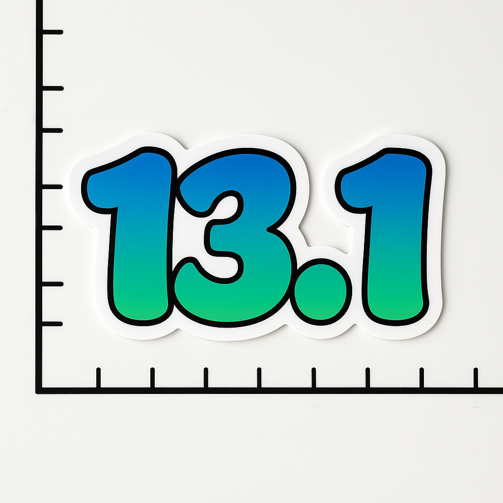 13.1 half marathon sticker in green and blue gradient placed on a white grid background with black size markings.