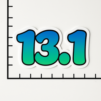 13.1 half marathon sticker in green and blue gradient placed on a white grid background with black size markings.