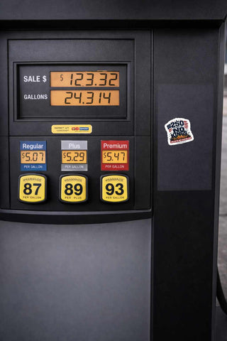 250 Years of No Kings political sticker displayed on a gas pump, featuring patriotic typography crushing a shattered MAGA crown with the slogan And We’re Not Starting Now.