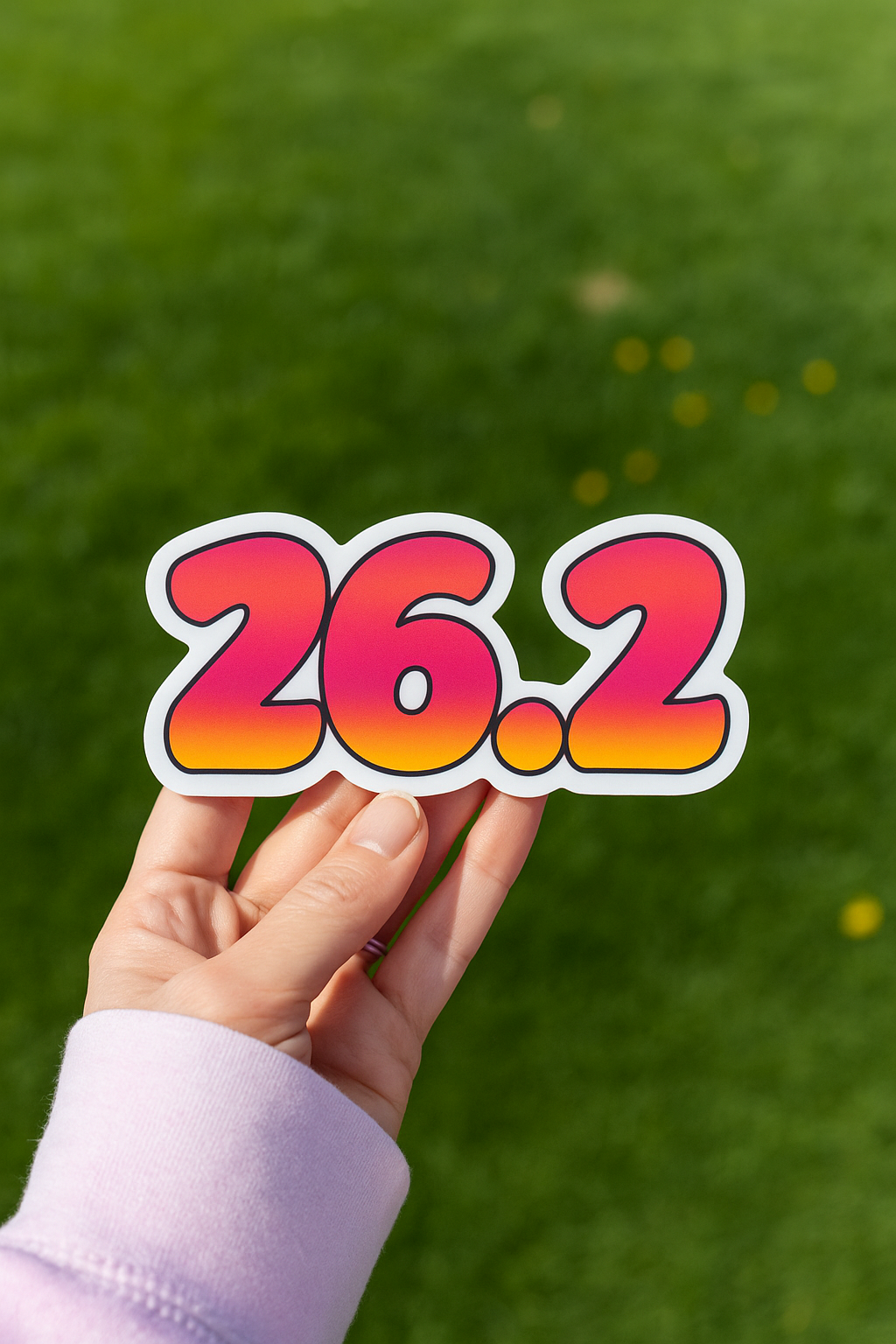 26.2 marathon decal in a pink-orange gradient held in hand over a grassy background with scattered dandelions.
