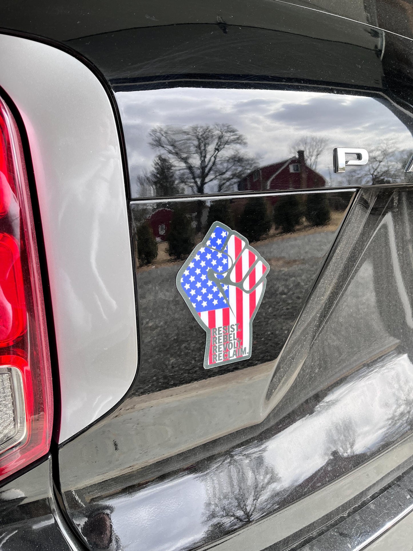 Resist, Rebel, Revolt, Reclaim Vinyl Decal or Magnet | Political Protest | Fist & American Flag | Resistance Design | Activism Sticker