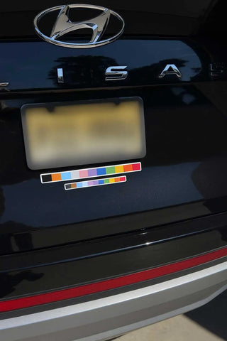 Thin rainbow pride flag vinyl decal bars on Hyundai car trunk, minimalist LGBTQ bumper sticker, subtle pride car stripe decal for vehicles