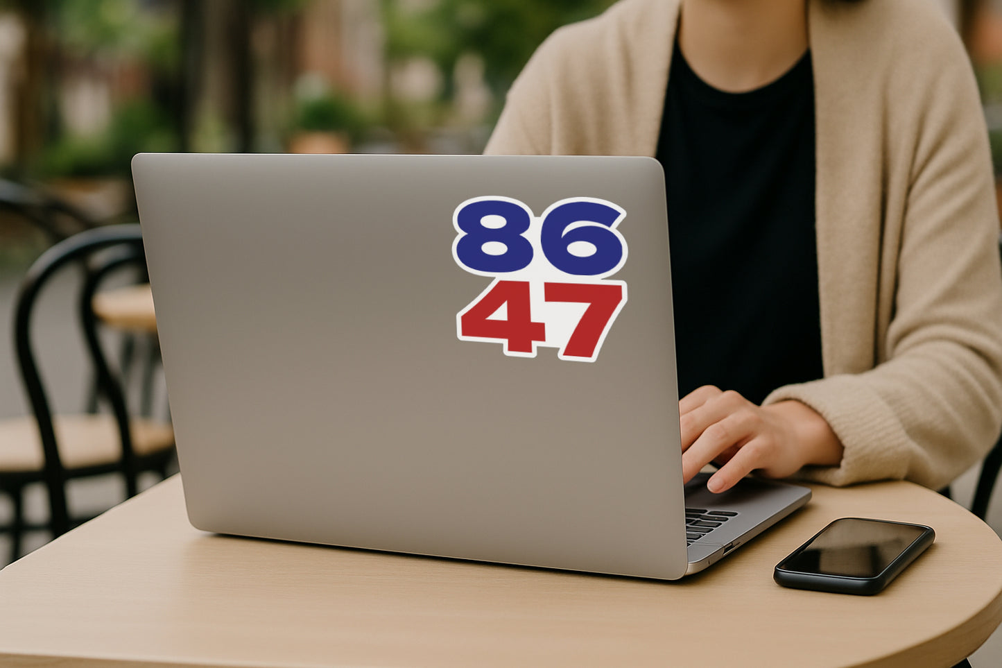 '8647 Vertical' magnet or vinyl decal displayed on the back of a laptop. A bold, high-quality political sticker perfect for cars, laptops, fridges, or toolboxes. Great for activists, protestors, or anyone fed up with fascism.