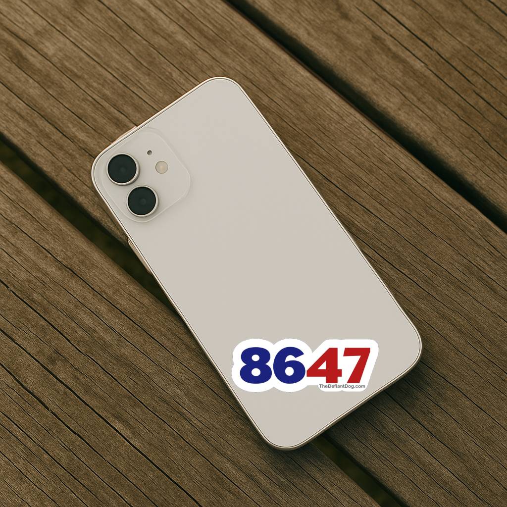 Sticker displaying the numbers “8647” on the back of a light-colored smartphone