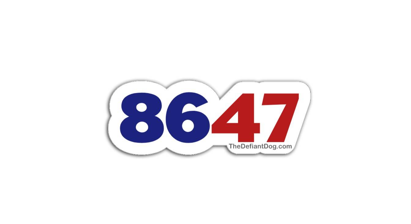 Sticker displaying the numbers “8647” in blue and red on a white background