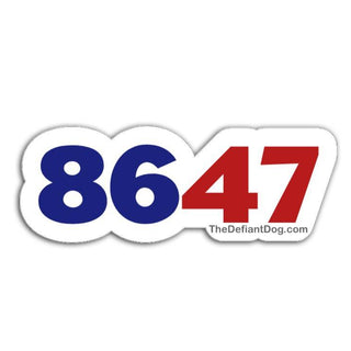 Sticker displaying the numbers “8647” in blue and red on a white background
