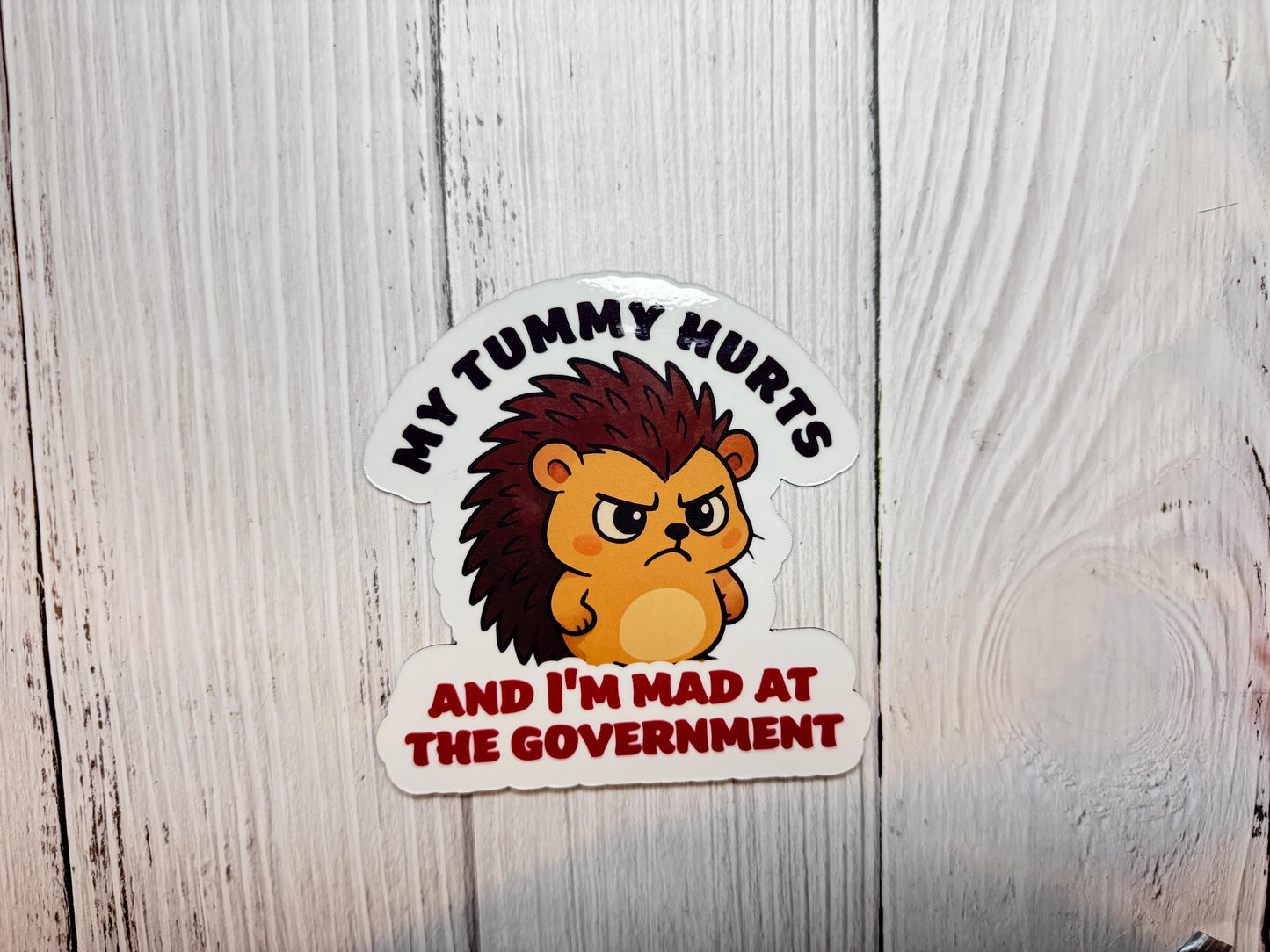 My Tummy Hurts and I'm Mad at the Government Angry Hedgehog Vinyl Decal or Magnet | Political Humor Sticker | Protest Hedgehog Design