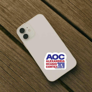 AOC 2028 progressive political sticker pack magnet vinyl decal displayed on white iPhone case on wooden table