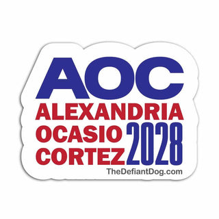 AOC Alexandria Ocasio Cortez 2028 political sticker pack magnet vinyl decal with bold red white and blue campaign style typography on white background