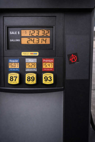 Close-up of a black gas pump display showing sale price, gallons, and three fuel options labeled Regular 87, Plus 89, and Premium 93, with a small red anarchist-style logo on the side panel.
