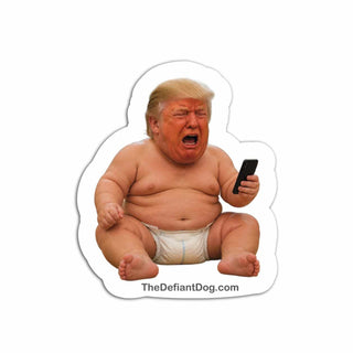 Sticker of a baby Donald Trump with a diaper holding a phone on a white background