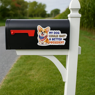 Patriotic corgi anti Trump sticker on mailbox with humorous protest message political vinyl decal outdoor use