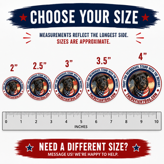 Size chart graphic for round dog-themed stickers showing diameter options from 2 inches to 4 inches with a ruler at the bottom for reference.