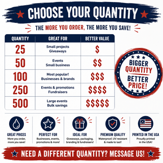 A promotional pricing infographic for custom event supplies. The top section features a quantity selection table with rows for 25, 50, 100, 250, and 500 quantities, labeled with use cases like small projects, events, and large bulk savings.