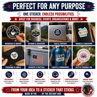 A promotional graphic for a custom vinyl sticker, showing a circular logo sticker applied to multiple products including a coffee mug, a water bottle, a cooler, a notebook, and a gift box. The graphic features a dark blue header and footer with red and white text, and eight sample application photos in the center.